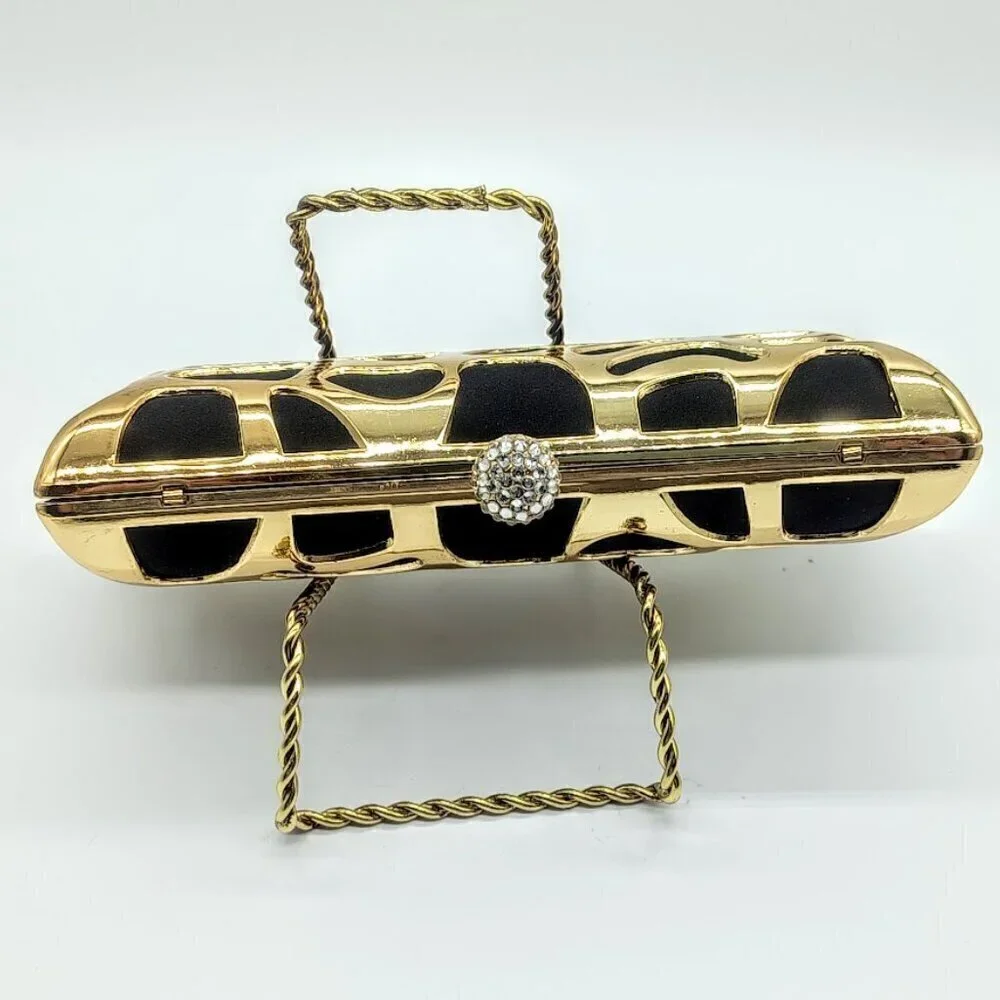 Lulu Townsend Gold Black Rhinestone Clasp Clutch Bag